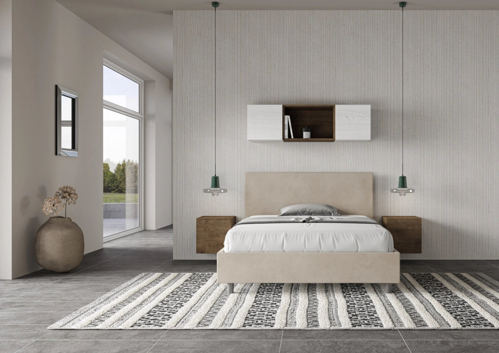 BS COM Letto una piazza e mezza senza rete imbottito 130x210 microfibra sabbia