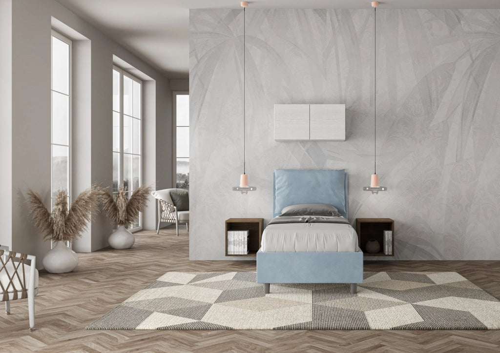 BS COM Letto singolo contenitore imbottito 80x210 microfibra azzurro