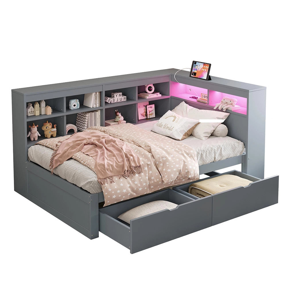 Divano letto legno 90x200cm - Xylo - grigio, USB/LED, ripiani, spazio