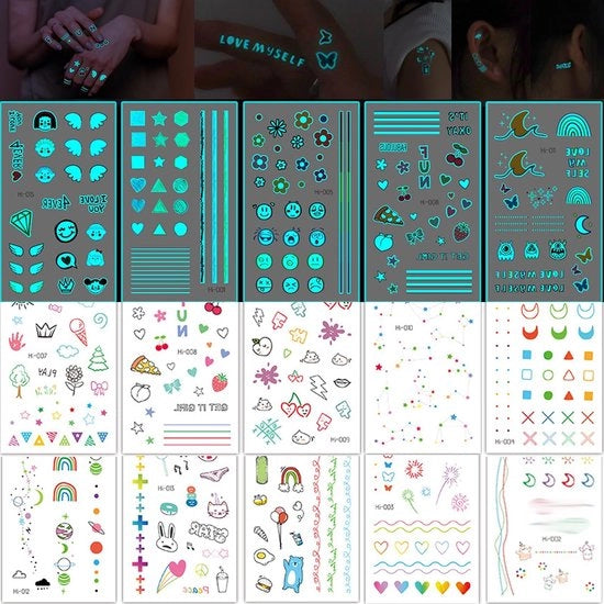 Tatuaggi Neon a 15 Velluti - Tatuaggi Fittizi/Temporanei - Tatuaggi a Lastre per Adulti - Luminosi al Buio - Tatuaggi con Glitter - Disegni Unici