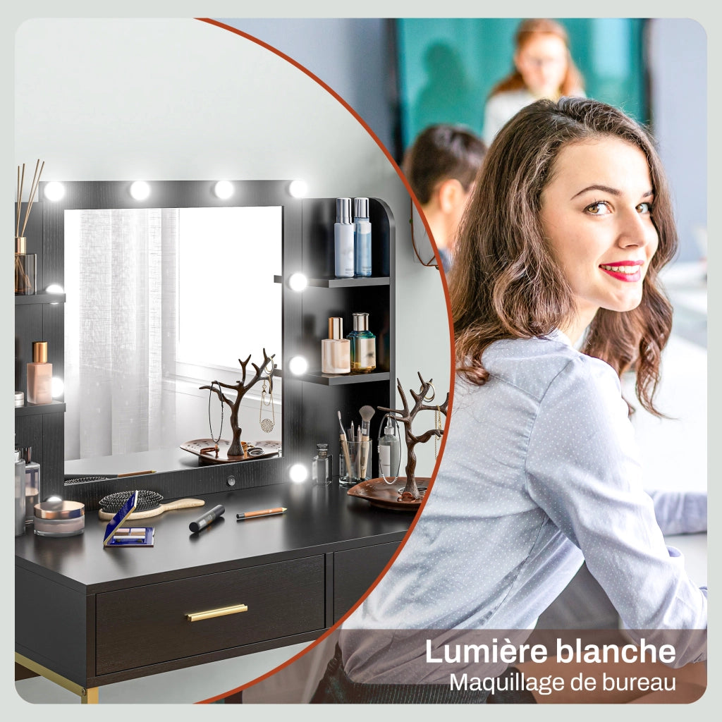 Cassettiera da trucco con specchio e luci, sgabello imbottito ¨C Minimal ¨C nero
