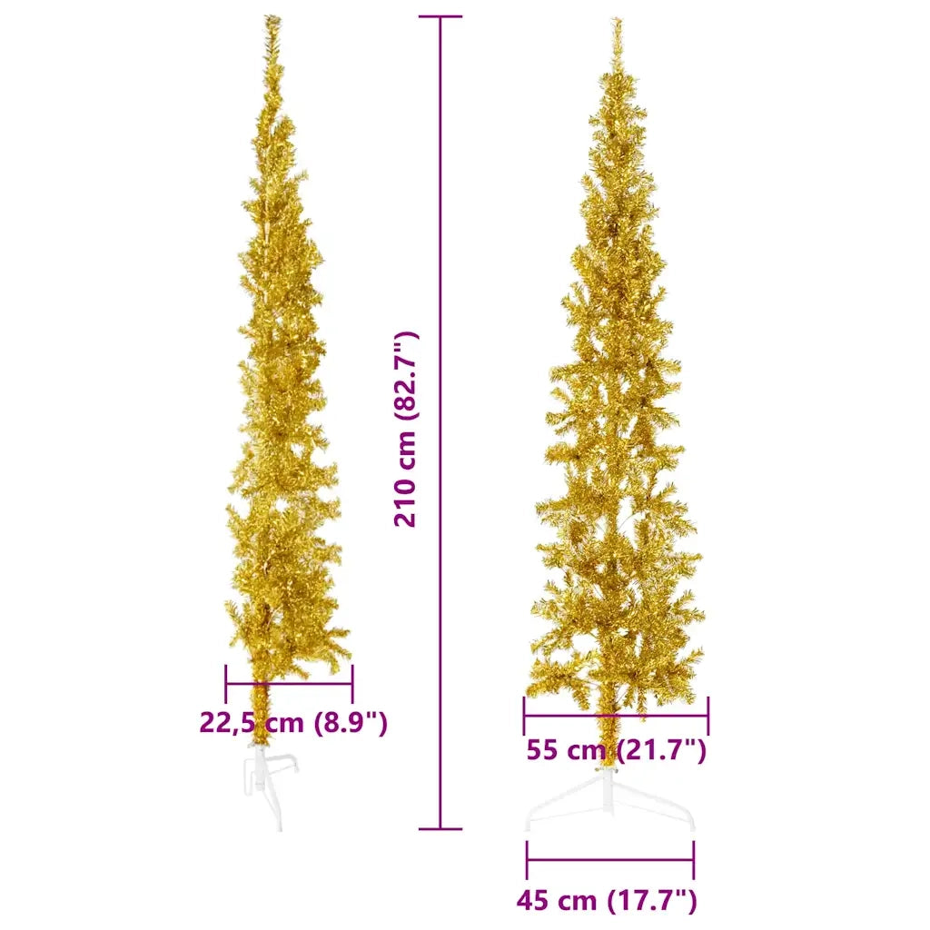 Albero Natale Artificiale Sottile a Met¨¤-Albero Natalizio con Supporto Oro 210cm