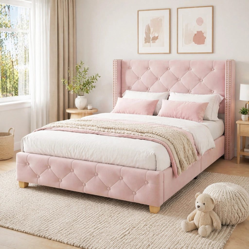 LETTO imbottito 90x200 cm in velluto rosa con testiera