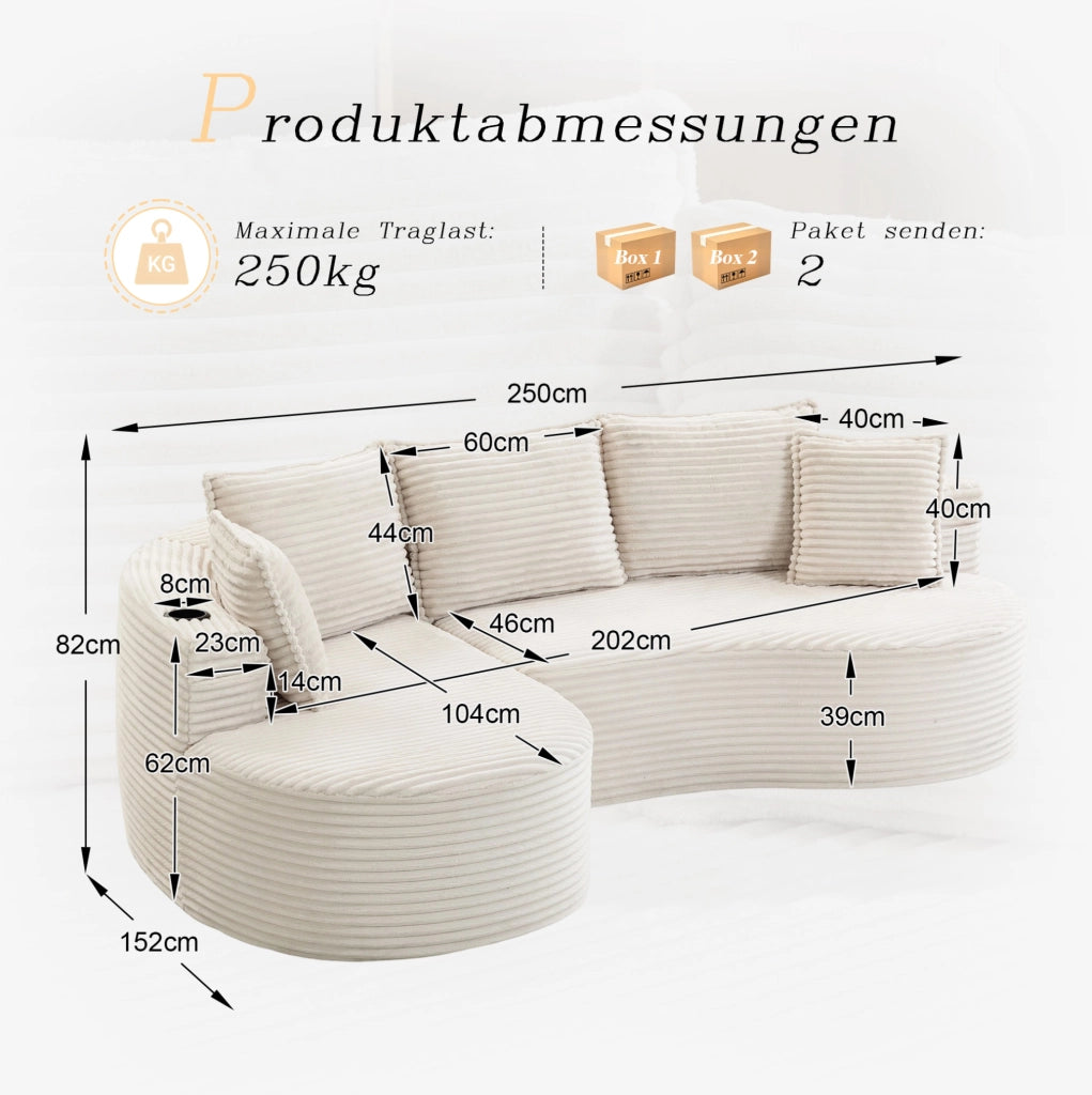Divano ad arco 250x152x82 cm in tessuto corduroy beige con portabicchieri e tasche laterali