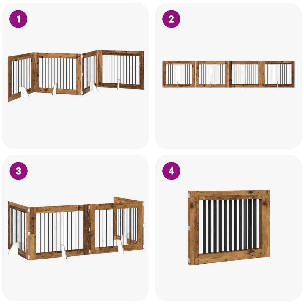 Cancello per cani pieghevole con supporti 4 pcs Legno antico 892065