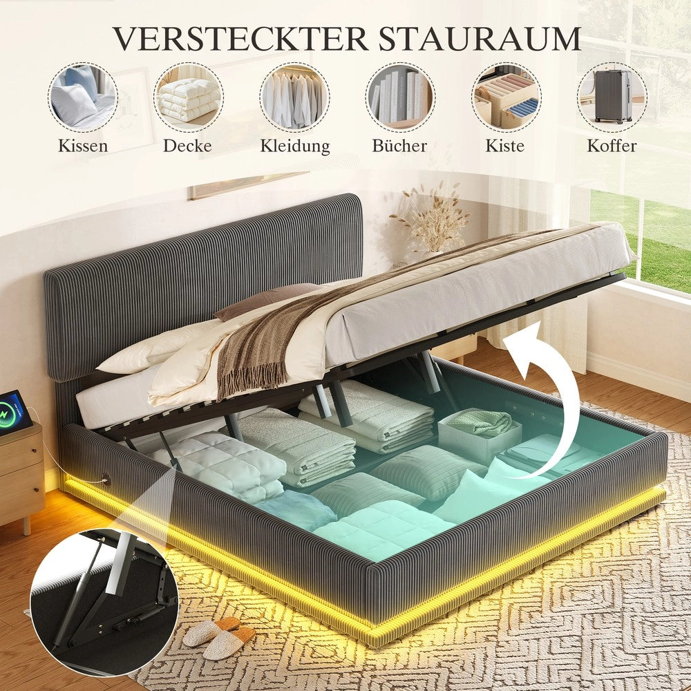 Letto Imbottito Contenitore con LED e Testiera Regolabile ¨C MINIMAL ¨C Velluto Grigio 180x200