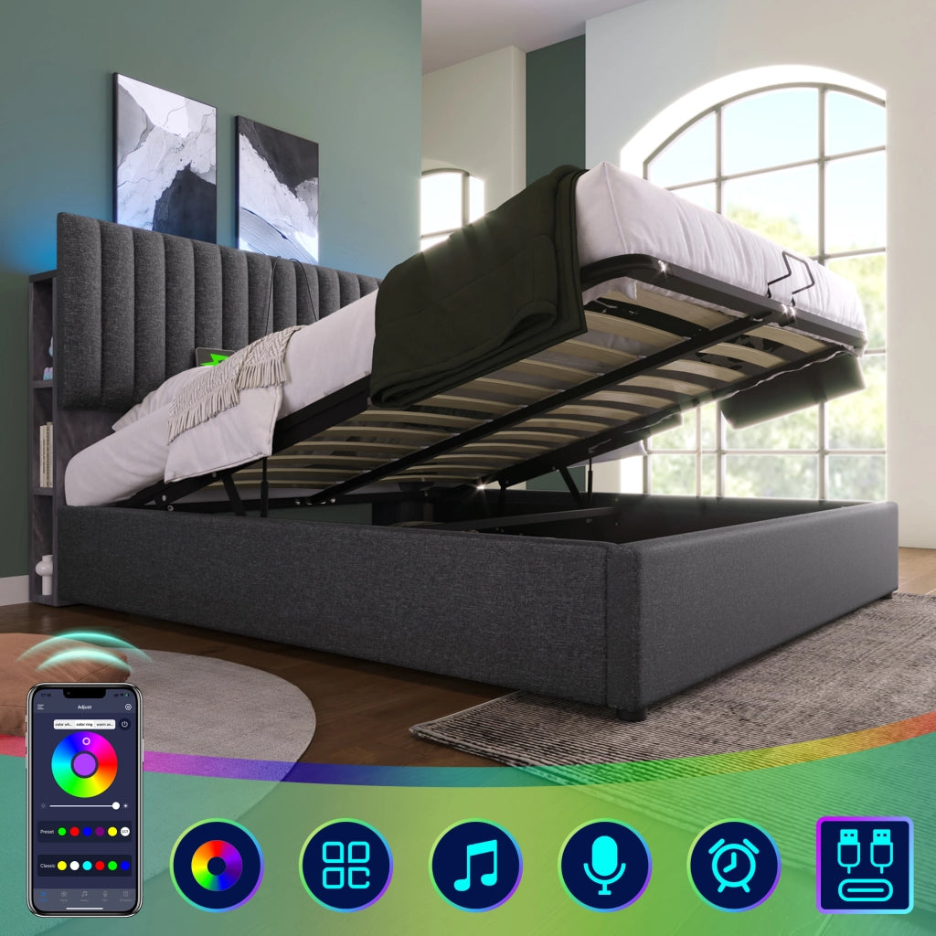 LETTO Contenitore 160x200 cm in Lino Grigio con Testiera LED USB e Type-C