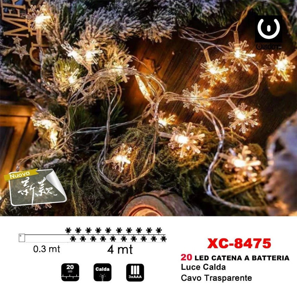 Trade Shop - Catena Luminosa Fiocchi Neve 20led A Batteria Luce Calda Cavo Traparente Xc-8475 -