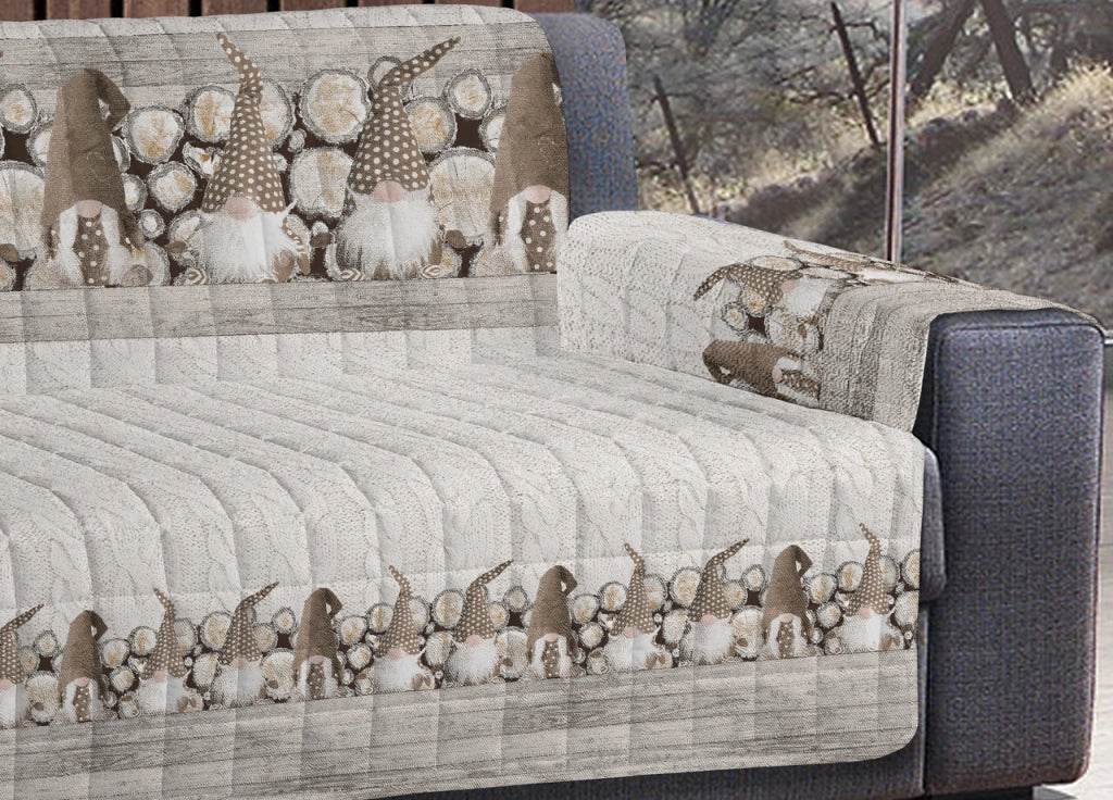 Copridivano Trapuntato Disegno Gnomi Colore Beige - 2 Posti - Beige