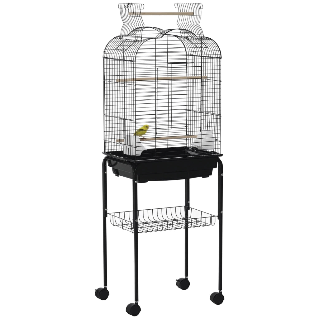 Gabbia per Uccelli con 3 Posatoi, 2 Ciotole e 2 Porte Laterali, in Acciaio, PP e Legno, 46x36x130 cm, Nera