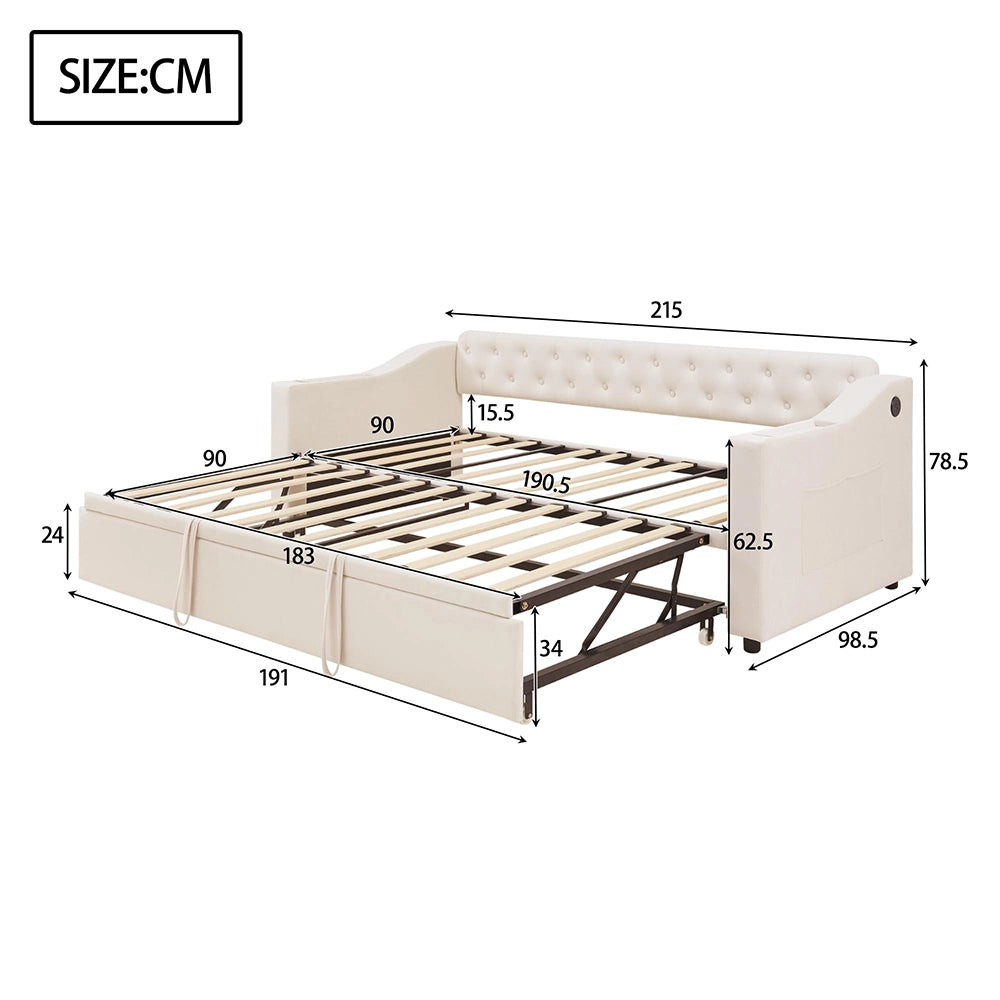Divano letto - Xylo - 90/180x190 cm braccioli USB velluto beige