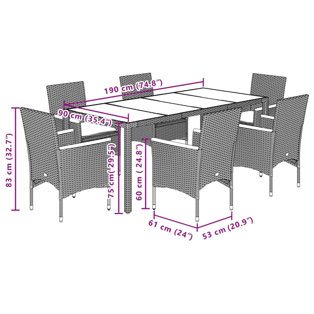 Set da Pranzo da Giardino 7 pz con Cuscini Polyrattan e Vetro 3278655