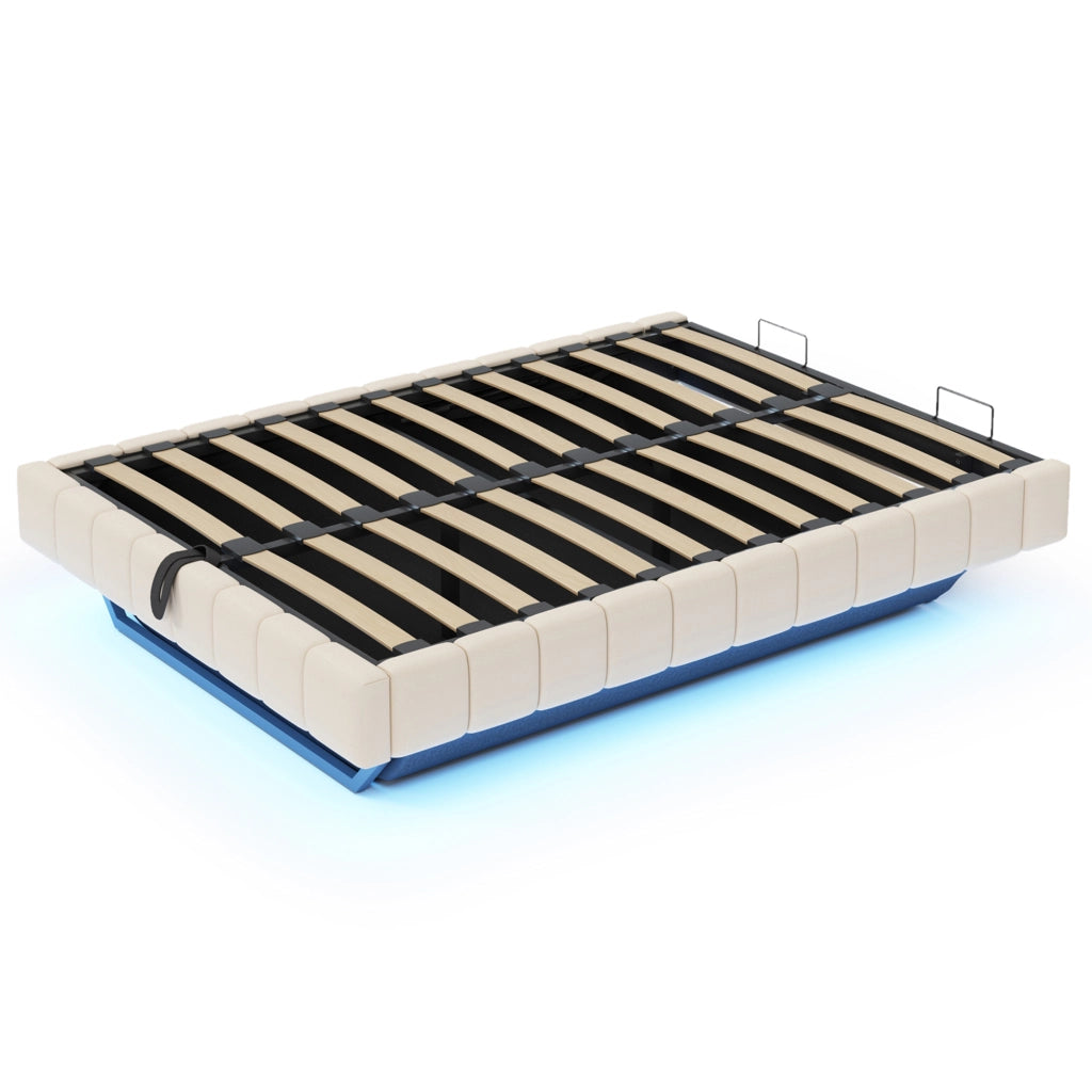 Letto imbottito 160x200 cm - Zephmum- Telaio idraulico con LED e spazio di archiviazione