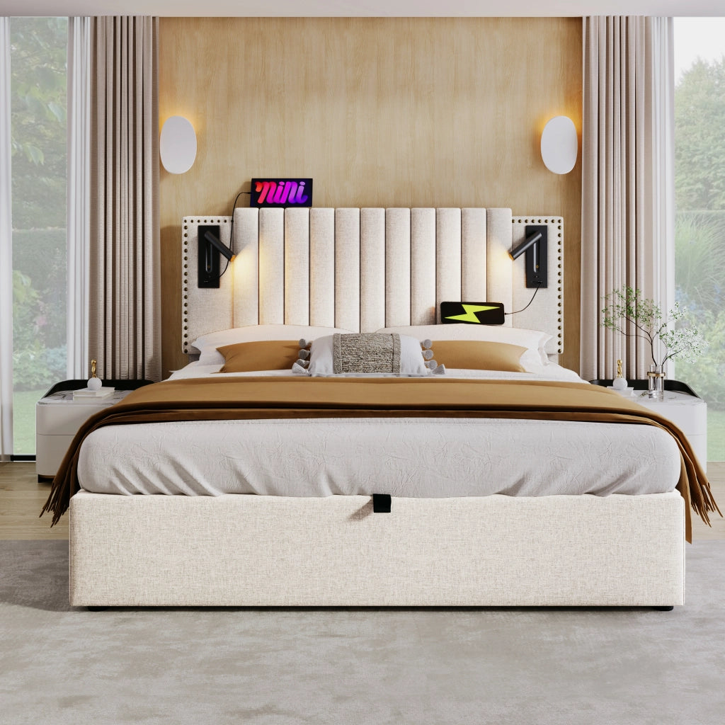 Letto matrimoniale – 140x200 cm – luce USB borchie rete – cotone beige