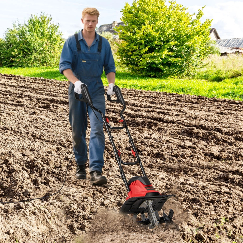 Motocoltivatore da giardino pieghevole con larghezza, Motozappa elettrica a filo di lavoro 36cm e profondit¨¤ 22cm Rosso-Deposito utensili Tool