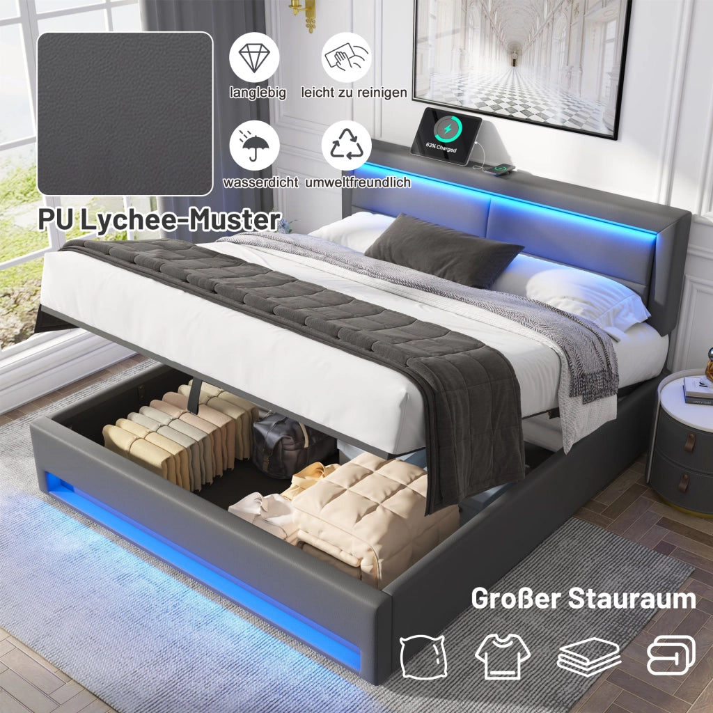 LETTO imbottito multifunzionale 140x190 cm PU grigio con USB, LED e contenitore