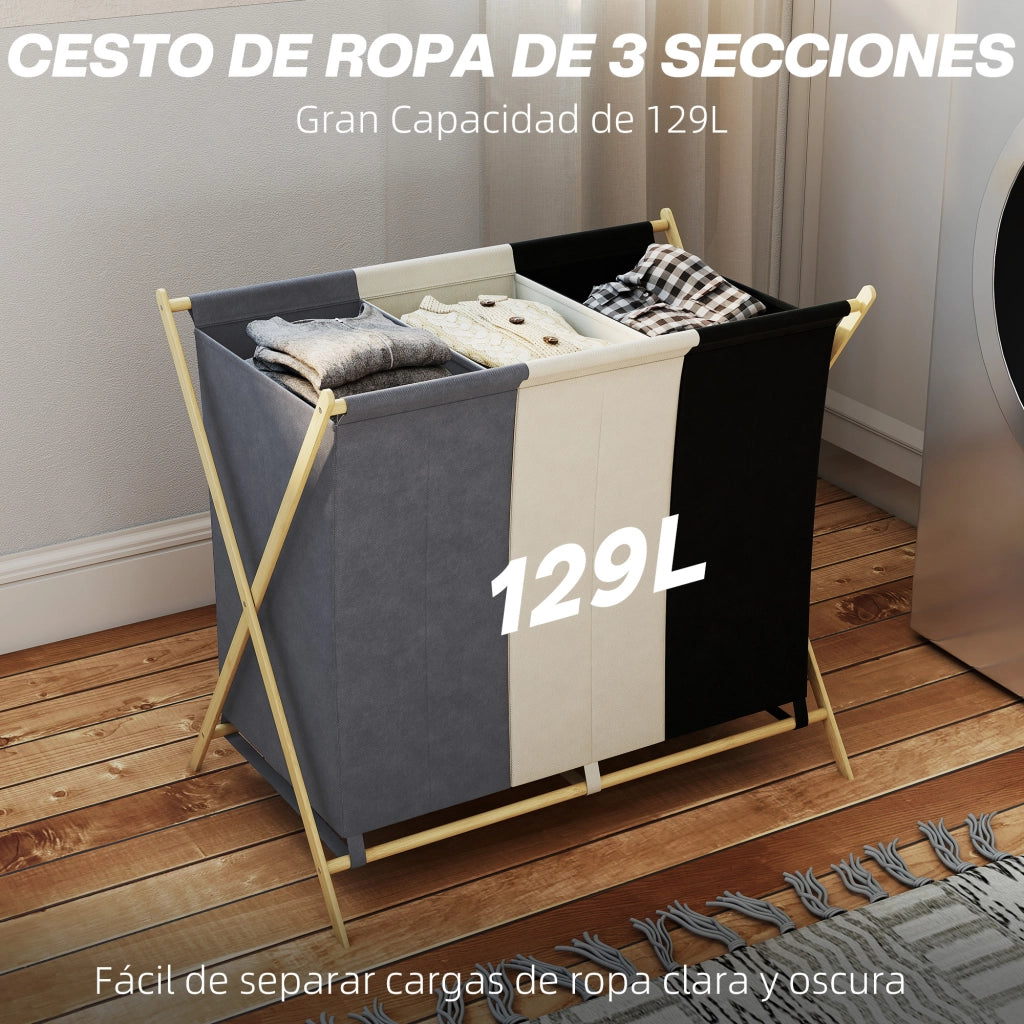 Cestino per Biancheria Pieghevole con 3 Compartimenti ¨C Minimal ¨C Bamb¨´ 129L