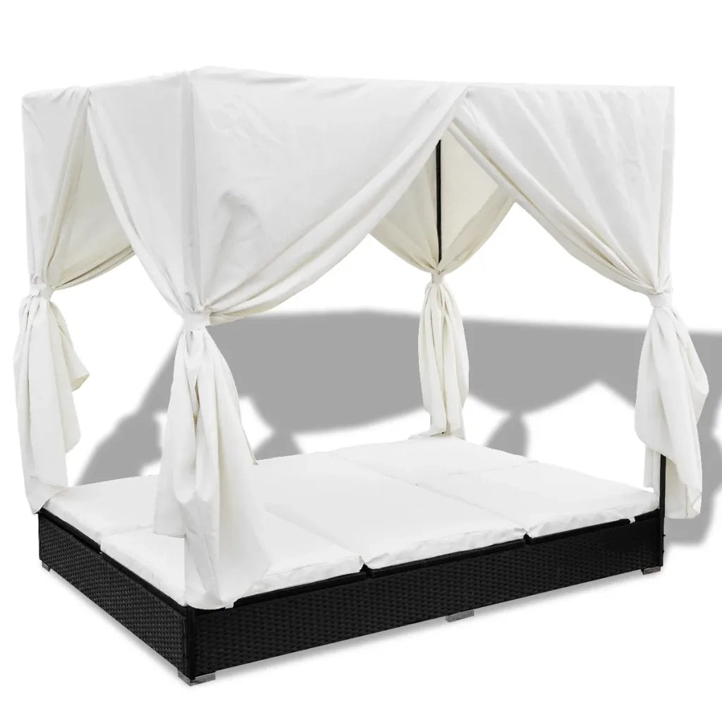 Lettino Prendisole con Tende in Polyrattan Nero 42948