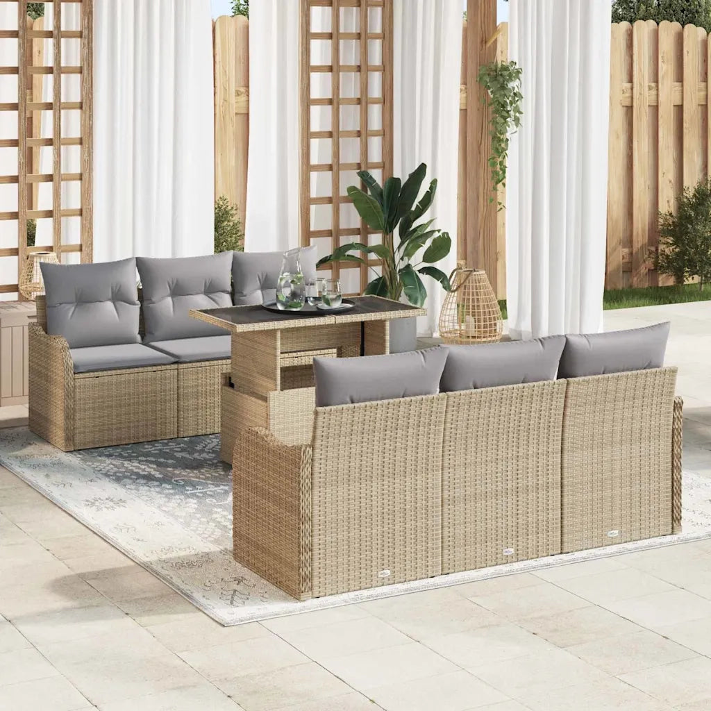 Set Divano da Giardino con cuscino 7 pcs Beige Poly Rattan