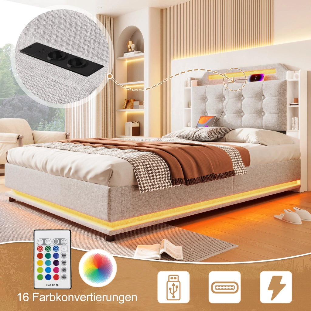LETTO imbottito 140x200 cm in lino beige con LED e contenitore idraulico