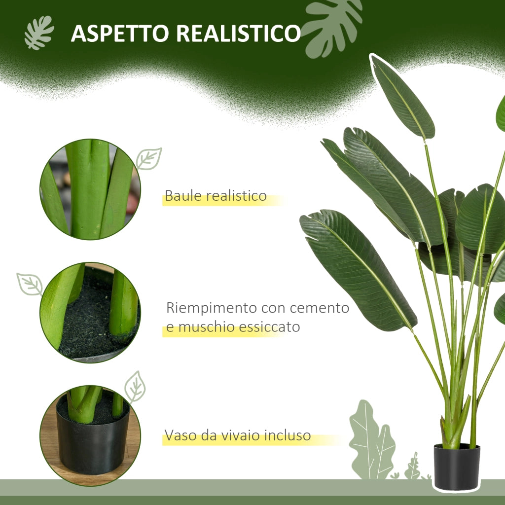 Albero Artificiale di Banano 160 cm con Vaso e 10 Foglie Realistiche Verde