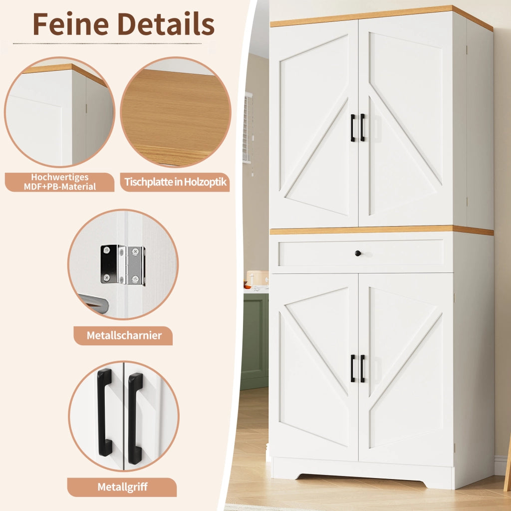OKWISH Credenza Alta da Cucina con Ripiani Aperti e Cassetti, Sistema Antiribaltamento, MDF, Bianco, 80 x 40 x 180 cm