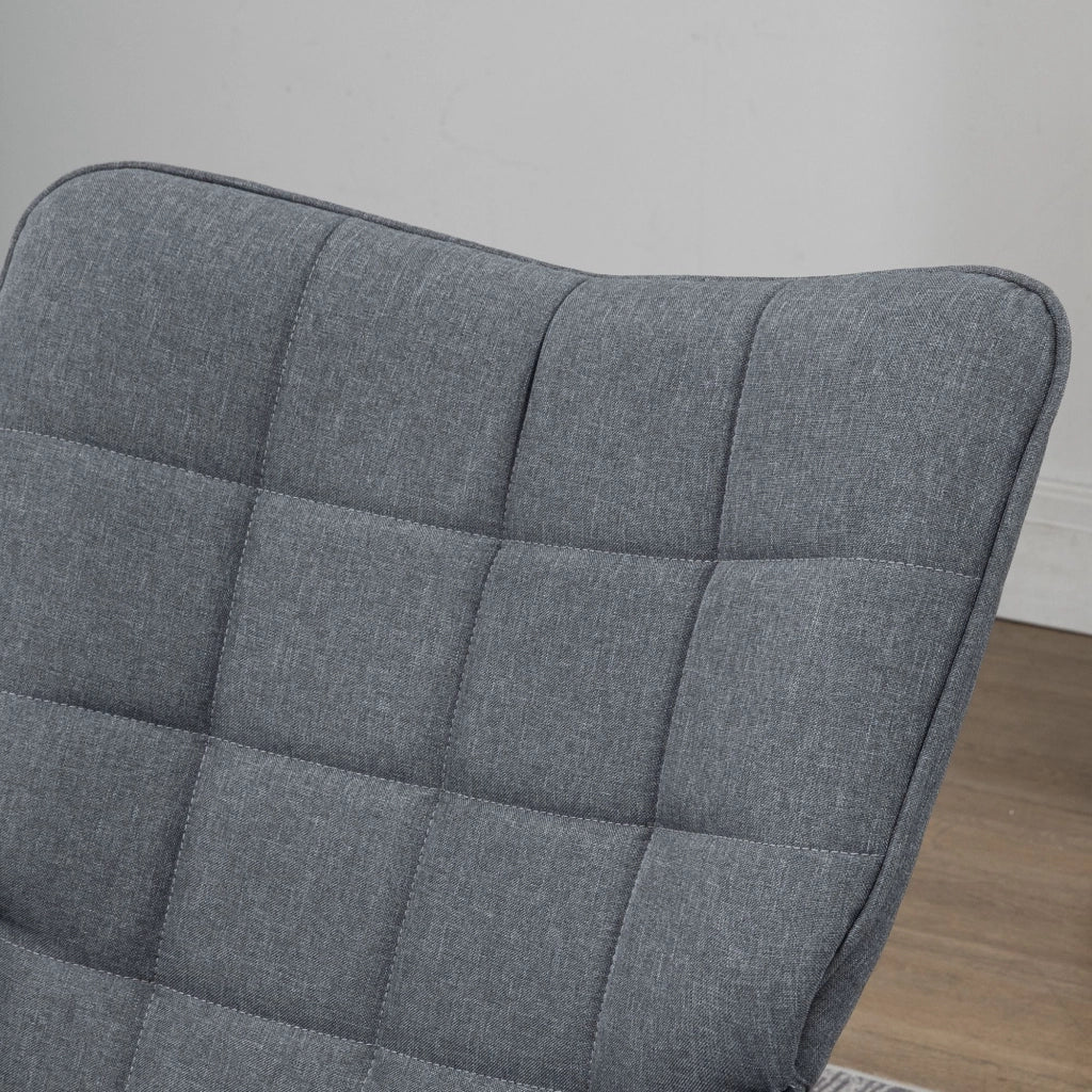 Sedia a Dondolo con Pouf con Cuscino e Braccioli in Tessuto Effetto Lino e Legno Grigio