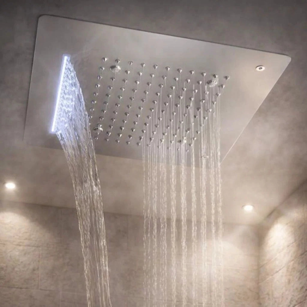 Soffione doccia led a soffitto installazione da incasso con cascata acciaio inox quadro