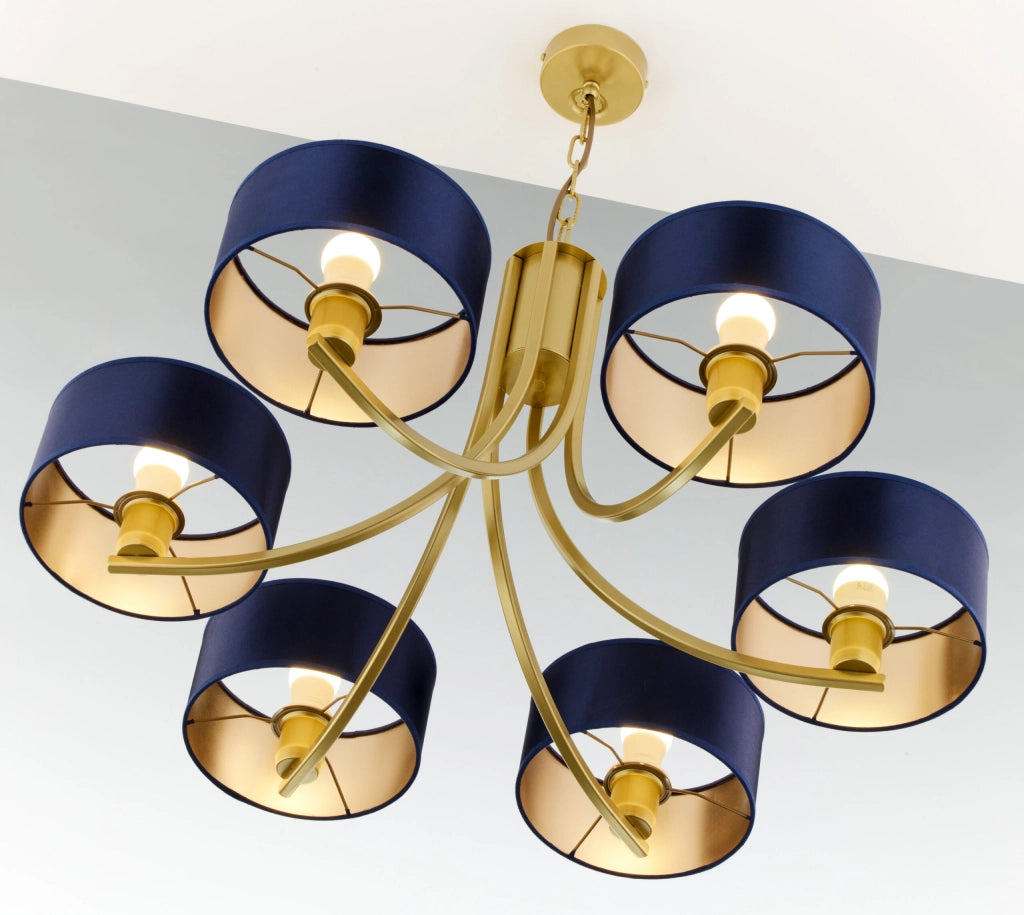 Lampadario oro a catena ARTHUR 6xE27 paralumi blu
