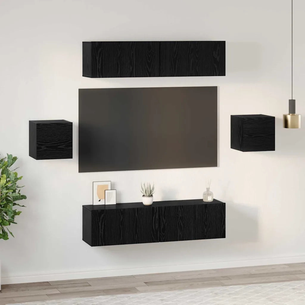 Set mobile TV 6 pz-Credenza per TV Rovere Nero Legno multistrato 203049