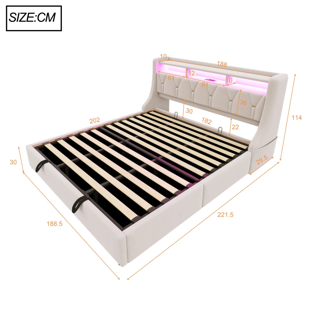 LETTO Contenitore 180x200 cm in velluto beige con LED, prese USB e Type-C