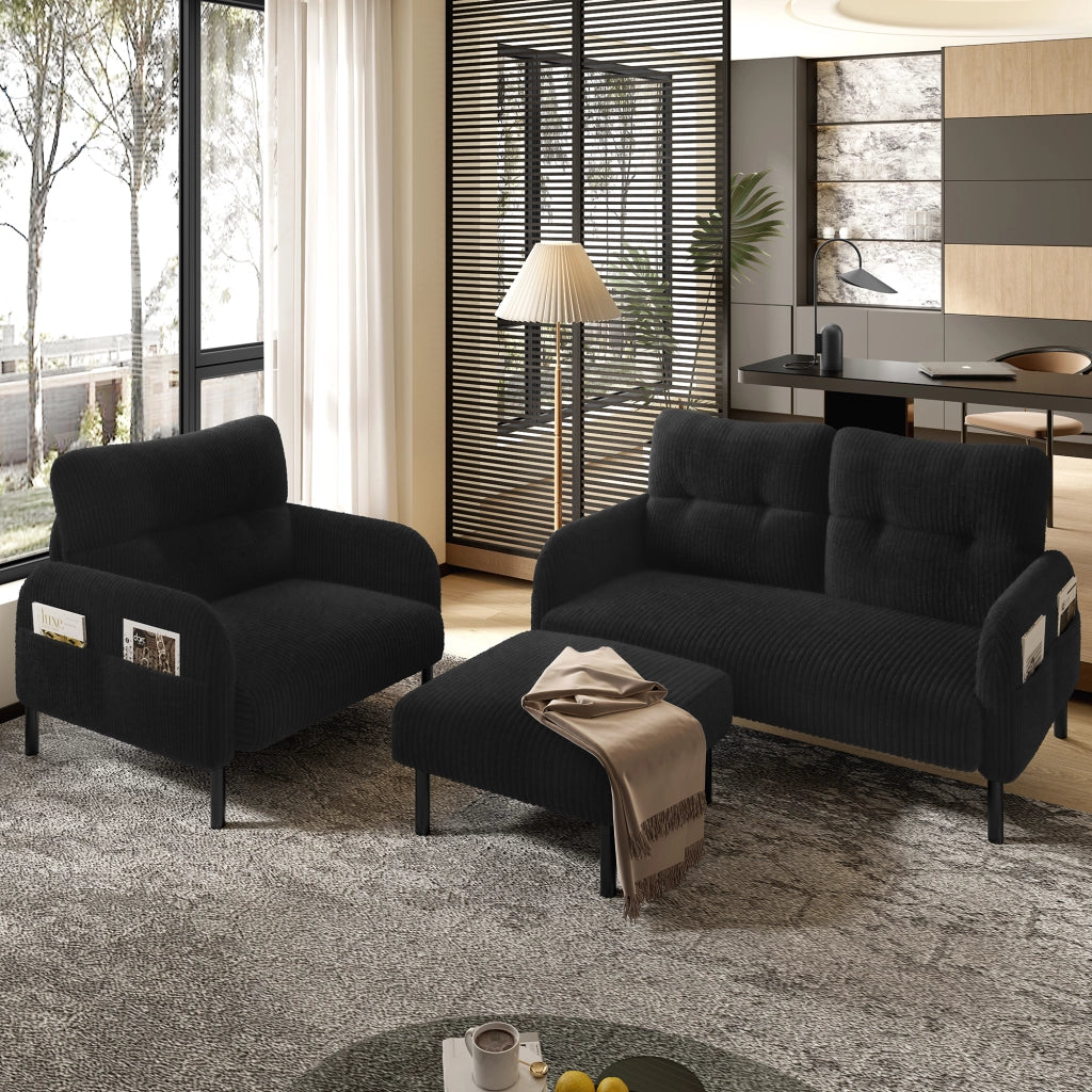 Pouf in corduroy con struttura in metallo, nero, compatto e versatile