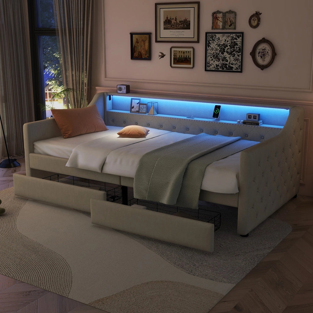 Letto con cassetti 90 × 200 cm con rete a doghe LED USB in lino e MDF beige