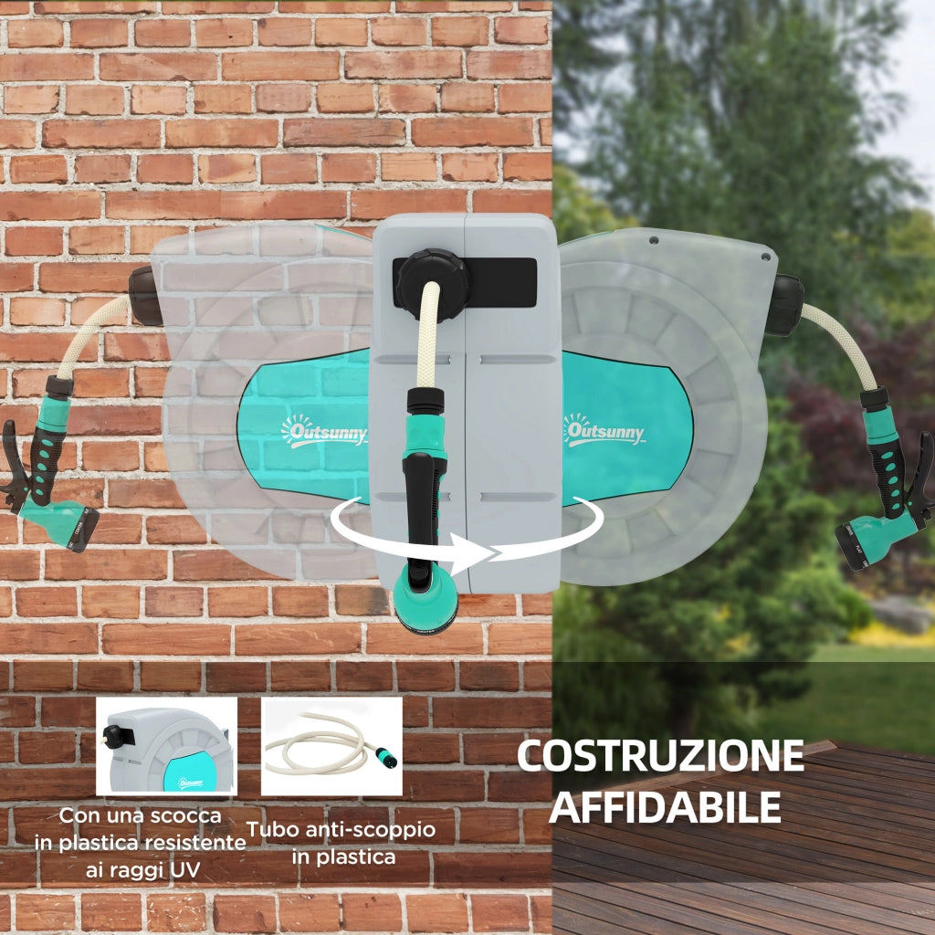 Avvolgitubo Automatico a Parete e Portatile Lunghezza 25+2 m, Sistema di Blocco e 7 Getti, Grigio