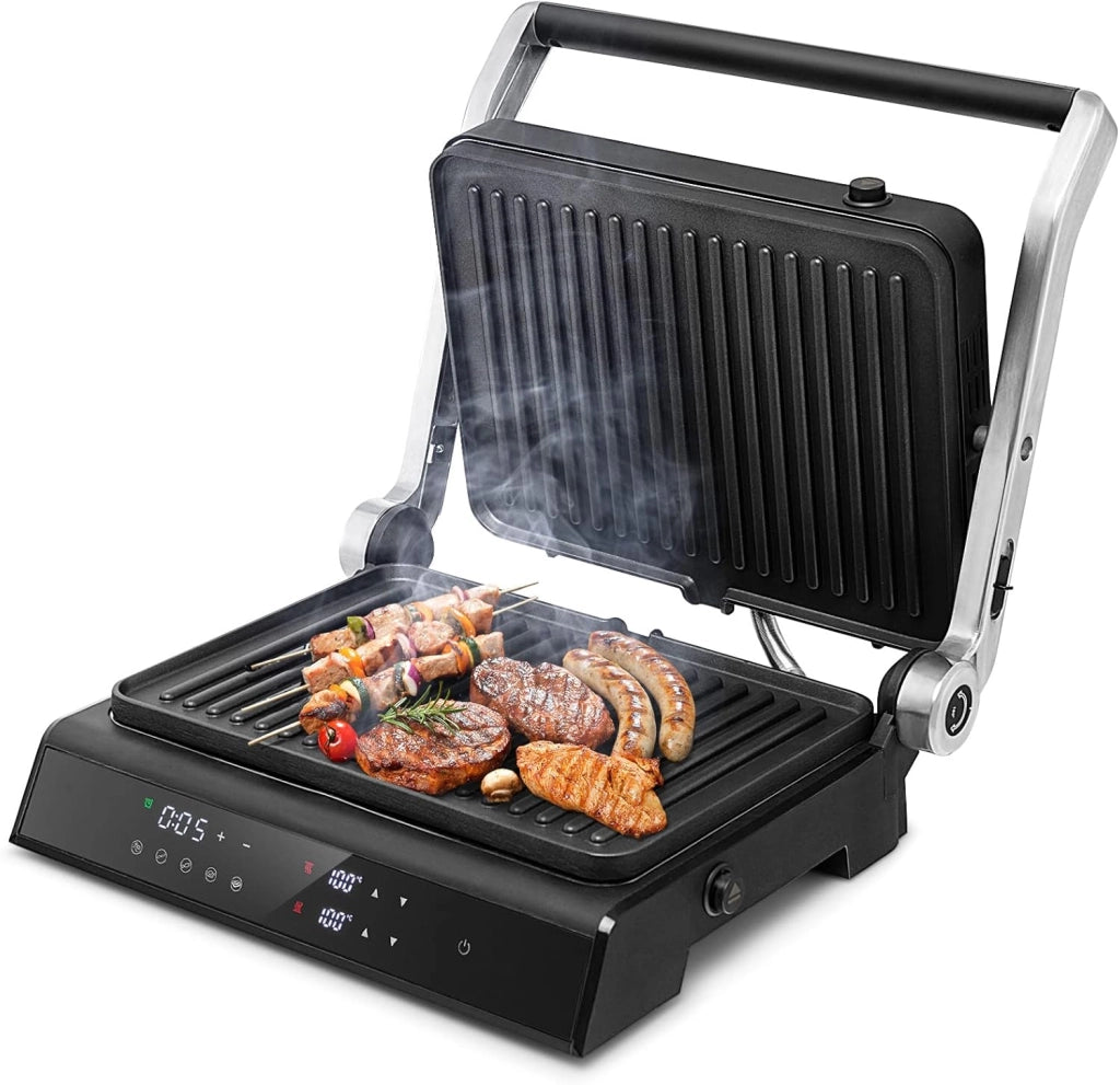 3 in 1 Piastre per Panini 2000 W, Bistecchiera Elettrica con 5 Modalità Automatiche, Cottura Bifacciali, Timer 0-4H e Display a LED, Materiale Antiaderente, Ideale per Panini e Barbecue
