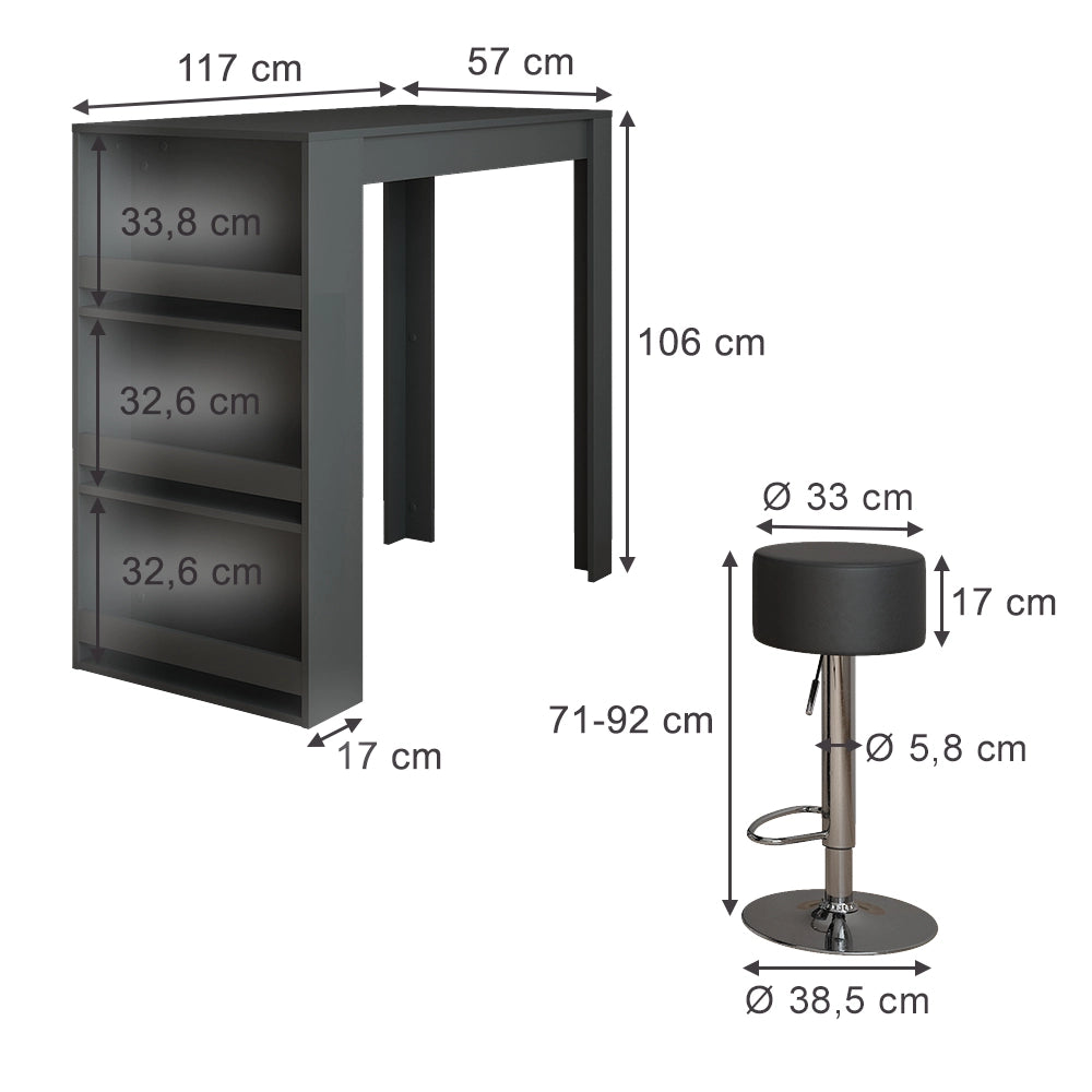 Vicco tavolo bar con sgabelli Antracite 57 x 117 cm con 2 sgabelli da bar
