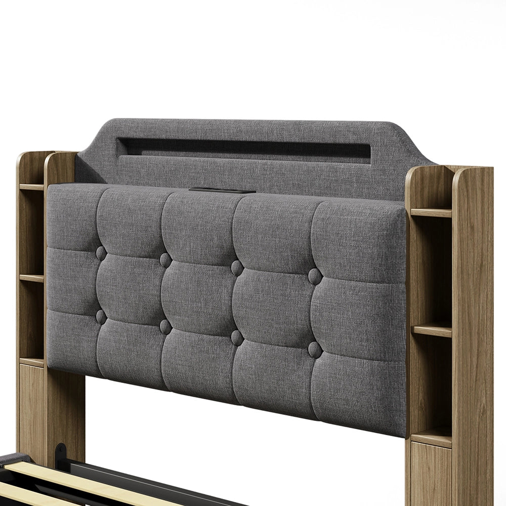 Letto-Xylo-140x200 cm-LED, USB-C, scomparti, lino grigio
