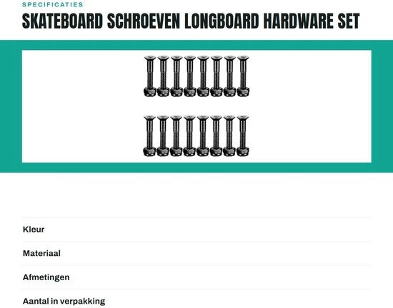 Hardware per Longboard - Set da 16 pezzi - Viti in acciaio inossidabile - 25mm - Schroeffit per Skateboard