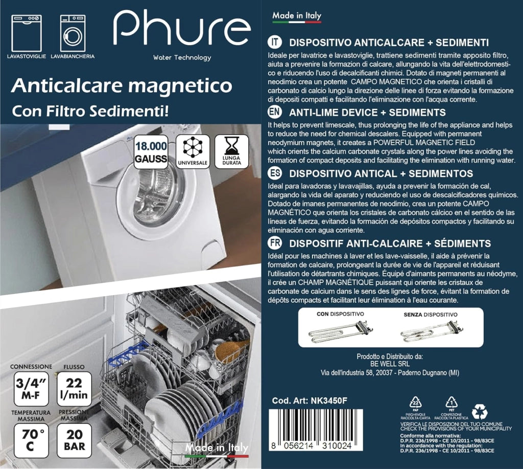Phure Neokal Dispositivo Anticalcare Magnetico CON FILTRO SEDIMENTI Universale 3/4" Per Lavatrice E Lavastoviglie