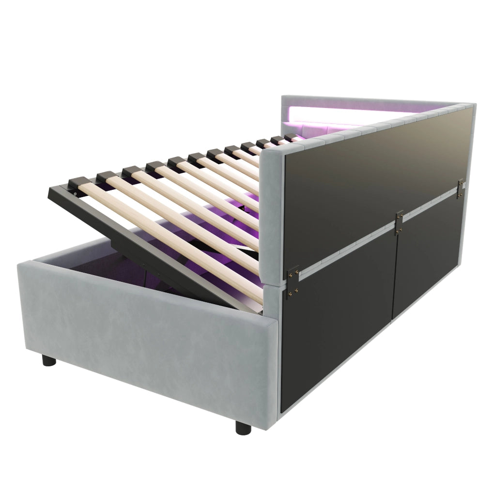 Letto imbottito 90x200 con LED, contenitore idraulico e rete a doghe
