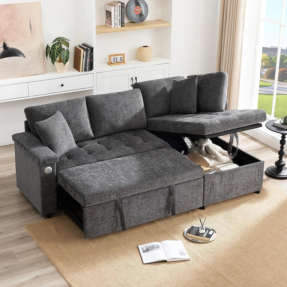 Divano moderno a L - Xylo - Letto convertibile, USB, grigio
