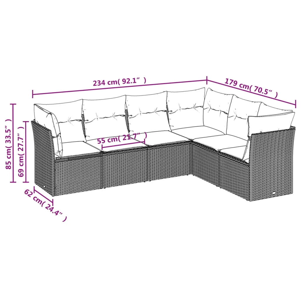 Set Divano da Giardino 6 pz con Cuscini Beige in Polyrattan