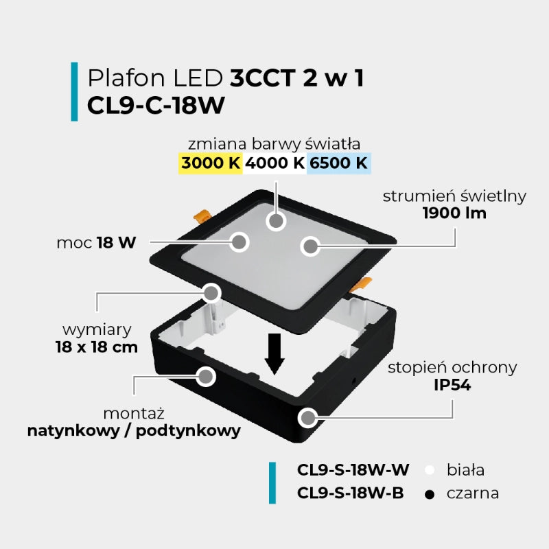 Plafoniera LED bagno 18W 2in1 quadrata nera IP54 DPM