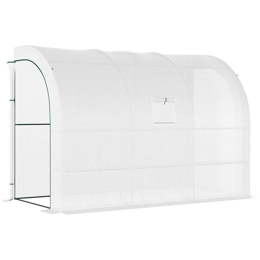 Serra addossata con 6 ripiani su 3 livelli; porte a cerniera; telo PE anti-UV; bianca; 300x150x213 cm