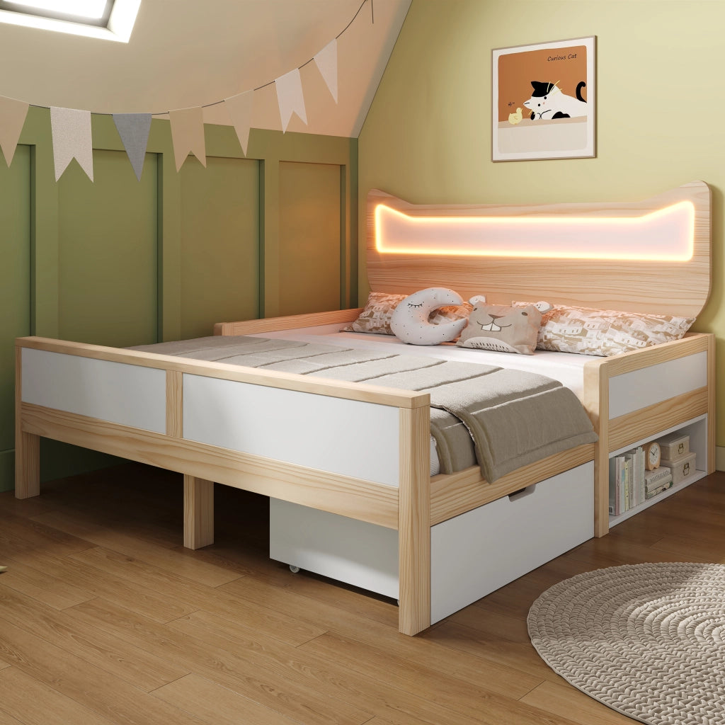 Letto per bambini con orecchie da gatto - Zephmum- 140¡Á200 cm - LED RGB - Bianco e quercia