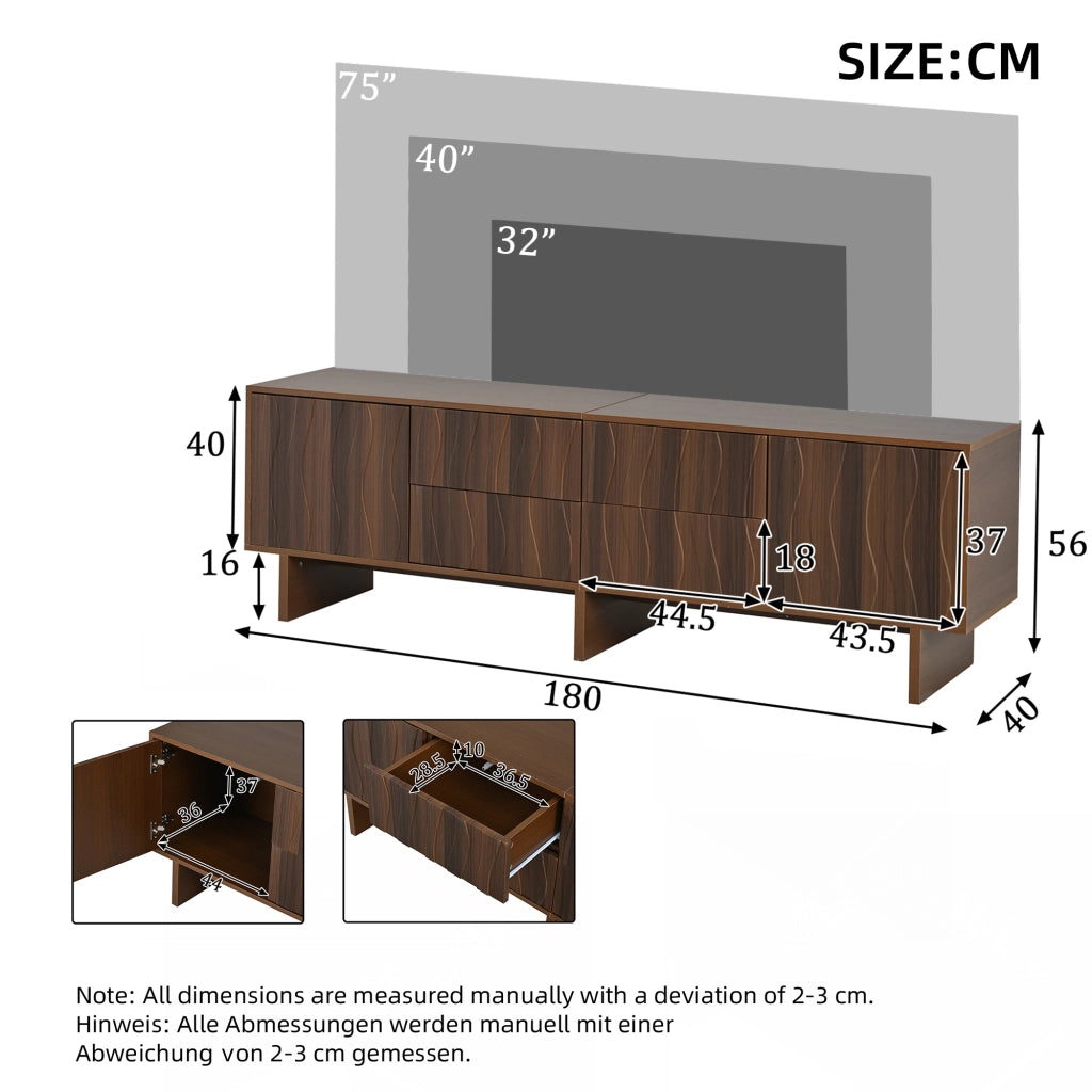 Mobile TV 180 x 40 x 56 cm con 4 cassetti e 2 ante, design ondulato, per TV fino a 75 pollici, colore noce