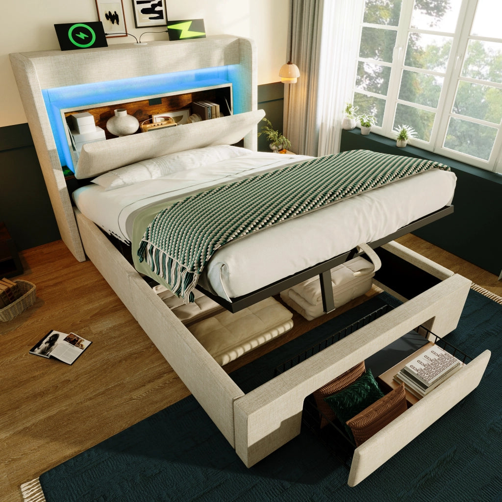 Letto imbottito 90x200 idraulico LED USB/Type-C lino beige