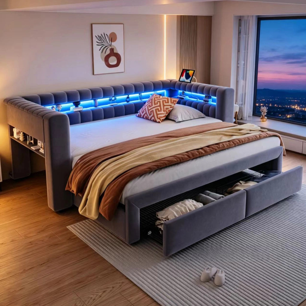 Divano letto imbottito estraibile 90x190/180x190 cm con 2 cassetti; vani contenitore; LED; velluto grigio