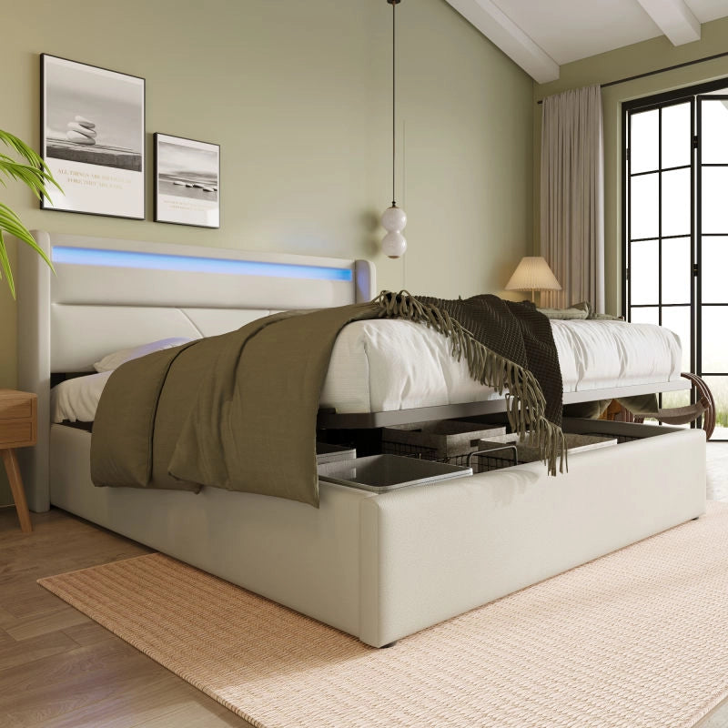 DESMIU Letto contenitore 140 × 200 cm 2 posti con LED, vano idraulico, senza materasso, in PU, bianco