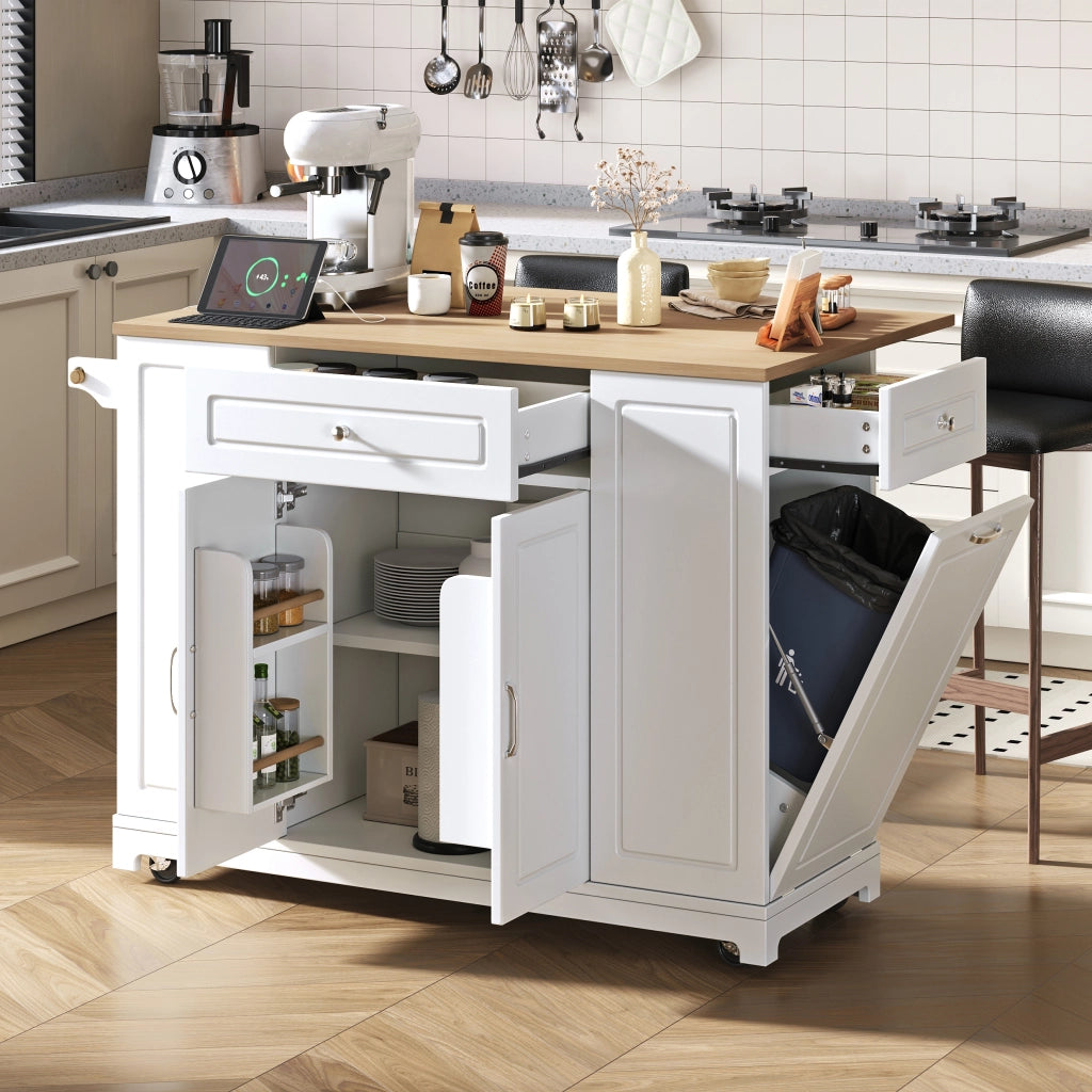 Isola da cucina su ruote con piano estraibile; cassetti multifunzione e vano pattumiera; bianco; 120x40-70 cm